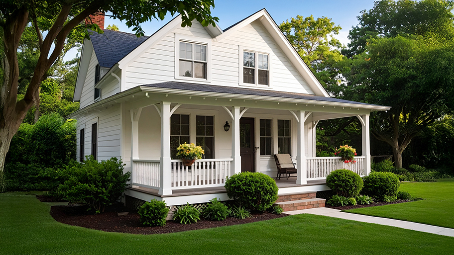 White farmhouse with wraparound porch, white siding, brick steps, and a manicured green lawn.