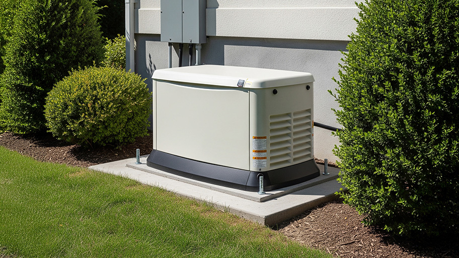 Whole-house generator on a concrete pad beside a home’s exterior, flanked by electrical panels and green shrubs.