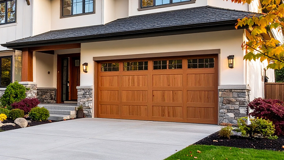 Wooden garage door with top windows and stone-accented frame on a home's exterior.