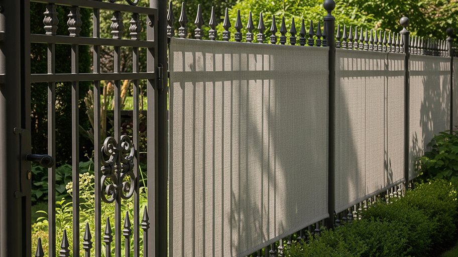 Wrought iron fence with decorative spear tops and attached beige privacy screens in a landscaped yard.
