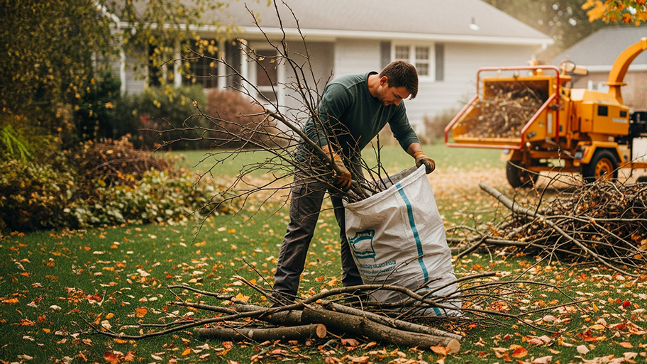 Man cleaning up fallen tree branches into a yard waste bag with a wood chipper in the background.
