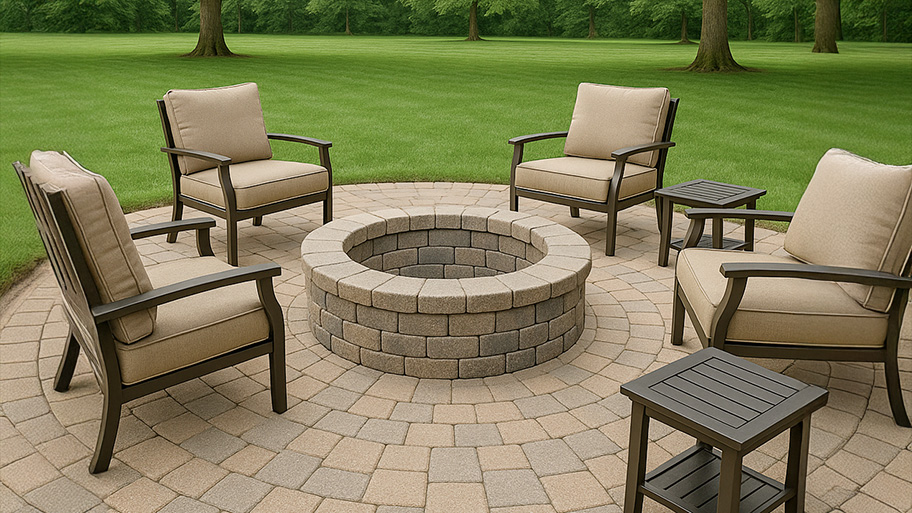 Circular stone fire pit surrounded by cushioned patio chairs and side tables on a paver patio in a grassy yard.