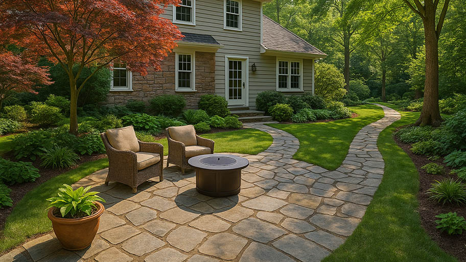 A flagstone patio with a fire pit and chairs sits in a lush, landscaped backyard with a winding stone path
