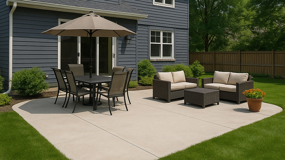 Concrete backyard patio featuring a dining table with umbrella, grill, and cushioned seating against a gray siding house