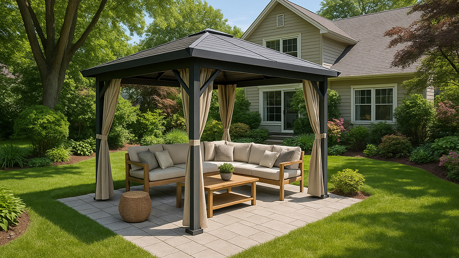 Backyard gazebo with beige curtains and cushioned seating on a stone patio surrounded by lush green landscaping.