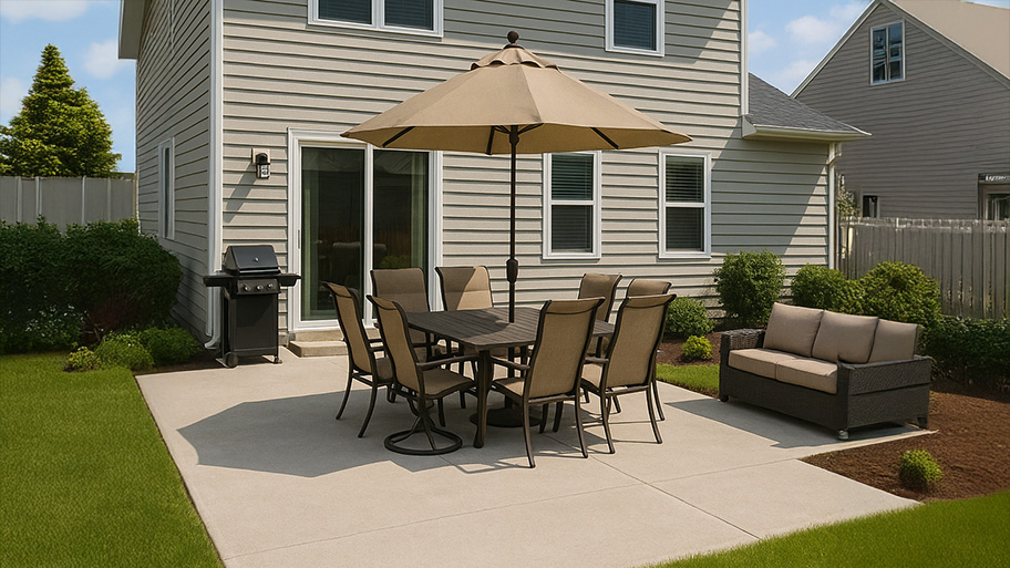 Concrete backyard patio with dining table, umbrella, grill, and cushioned seating beside a gray siding house