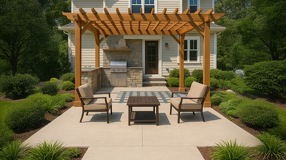 Modern backyard patio with cushioned seating, wooden coffee table, and built-in outdoor kitchen