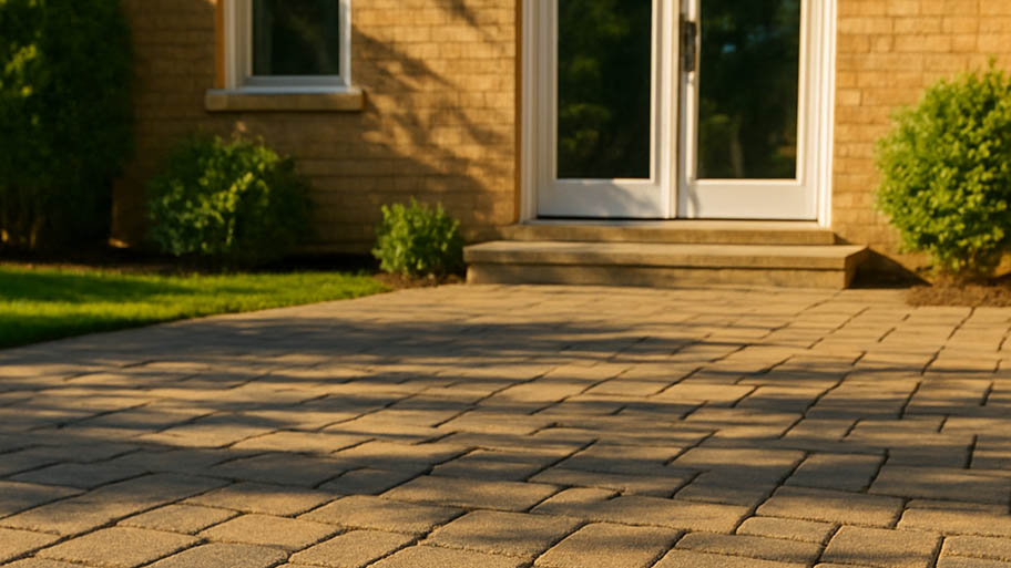 A paver patio with dappled sunlight leading to the back door of a brick home.