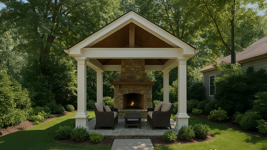 Backyard pavilion with a stone fireplace, cushioned seating, and a gabled roof nestled among trees