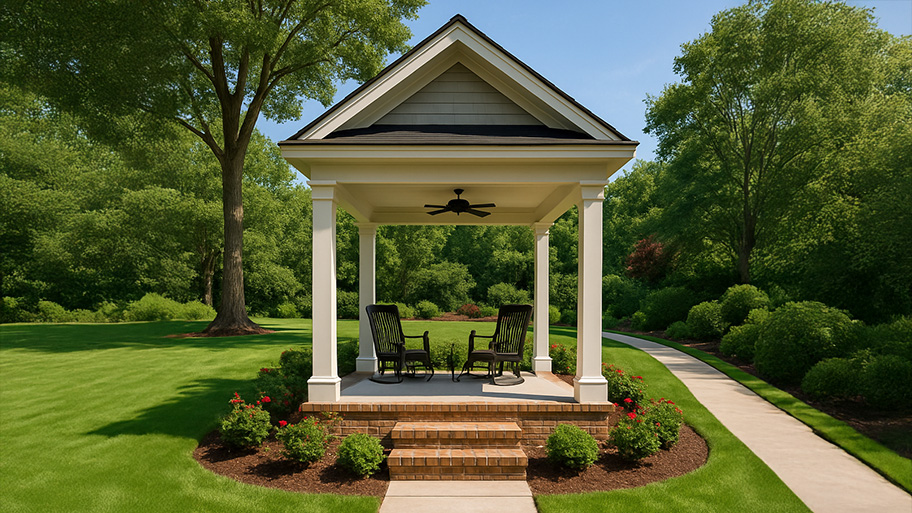 Backyard pavilion with a ceiling fan, stone floor, and seating, framed by lush green lawn and trees