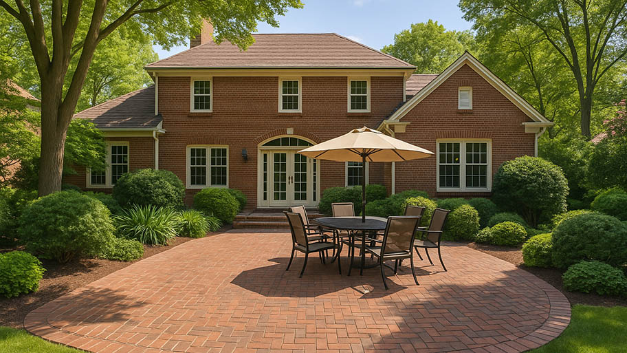 Elegant backyard with circular brick paver patio, outdoor dining set, umbrella, and mature landscaping behind a traditional red brick home.