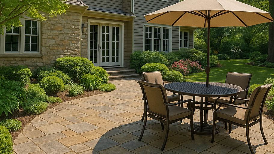 Backyard patio with stone pavers, cushioned dining set, and lush landscaping