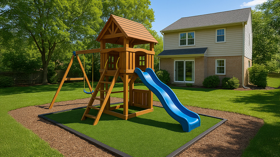 Wooden backyard playset with a blue slide, rope ladder, and single swing on a wood-chip base