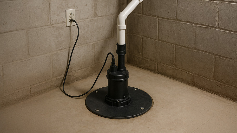 Basement sump pump installed in a concrete floor corner with a PVC discharge pipe and power cord to an outlet