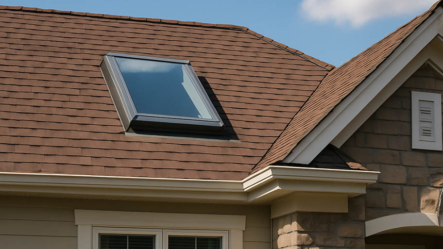 A modern black-framed skylight installed on a residential roof with brown architectural asphalt shingles