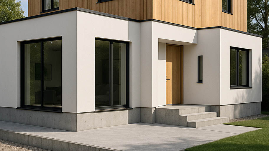 Modern home exterior with concrete foundation, minimalist design, large black-framed windows, and wood accents