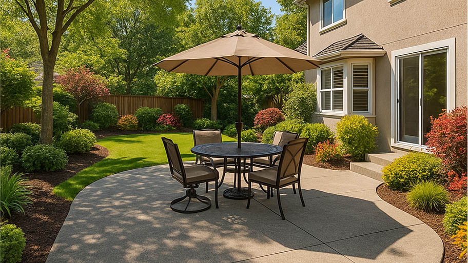 Beautiful backyard patio with outdoor dining set, umbrella, and manicured landscaping