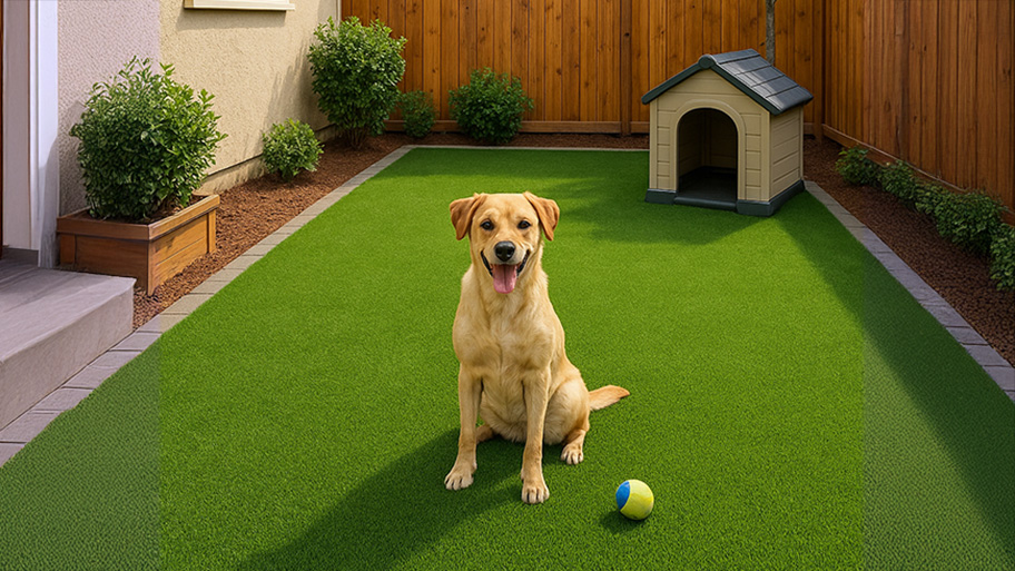 Yellow Labrador sitting on green turf beside a tennis ball and doghouse in a fenced backyard