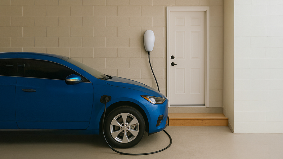 Blue electric car plugged into a wall-mounted charger inside a garage next to a white entry door