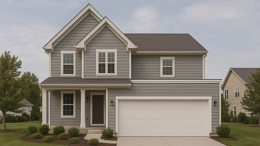 Exterior of a two-story house with gray siding, crisp white trim, and a traditional white two-car garage door