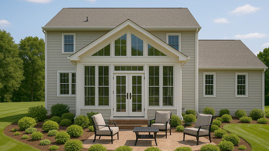 Exterior view of a traditional home with a gable-roof sunroom addition featuring large windows and French doors
