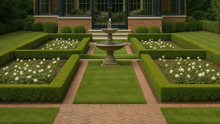 Formal garden with symmetrical boxwood hedges, brick paver walkways, white flower beds, and central water fountain