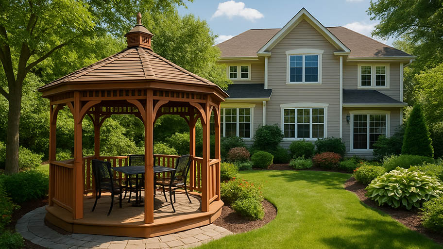 Backyard with wooden gazebo, outdoor dining furniture, lush landscaping, and large traditional home