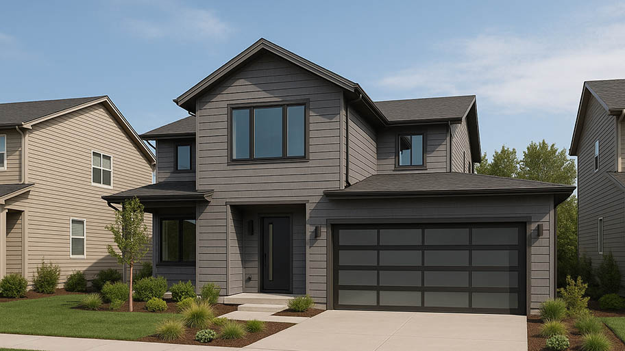 A modern two-story home with dark gray horizontal siding, black trim, and a frosted glass panel garage door