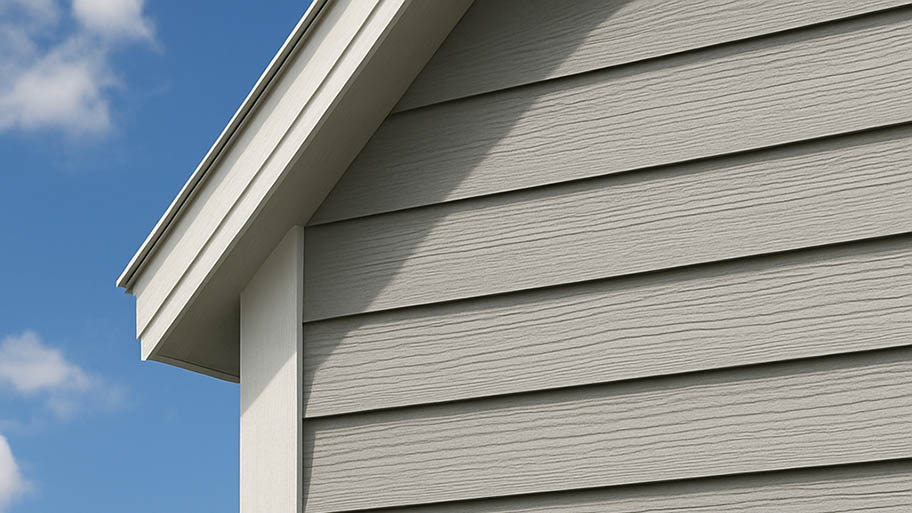 Close-up of modern fiber cement siding on a residential home exterior under blue sky