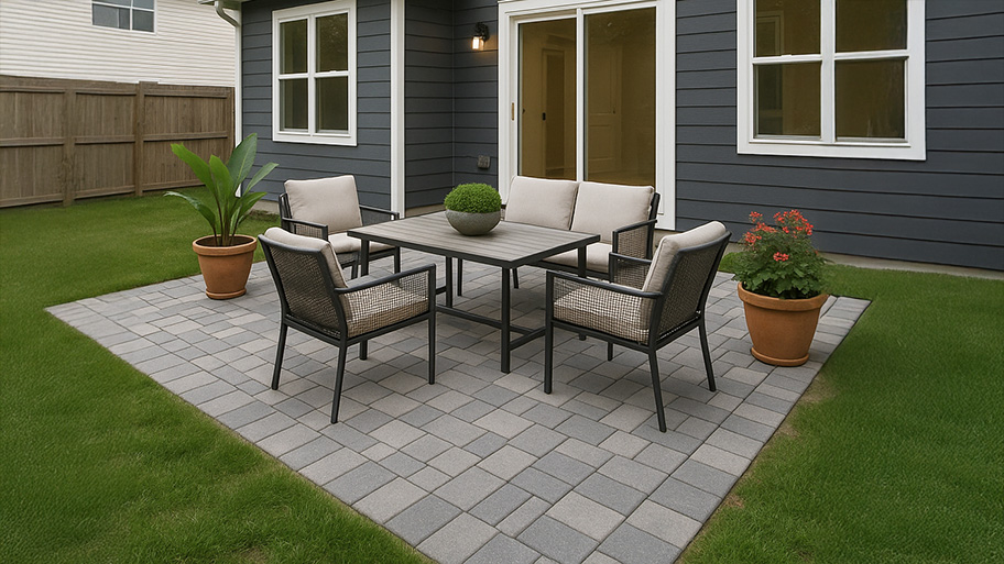 Paver patio with a dining table, cushioned chairs, and a sofa bench beside a gray siding house and potted plants