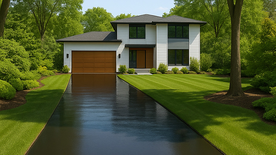 Modern two-story house with beige siding, a brown garage door, and a freshly sealed black driveway flanked by a manicured lawn.