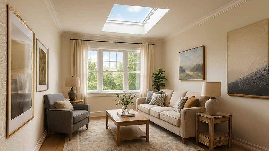Neutral-toned living room with a skylight above, featuring a beige sofa, gray armchair, wooden coffee table, and large window.