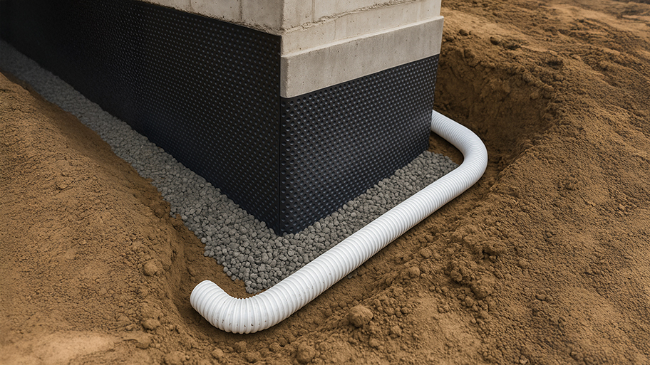 White corrugated drainage tube laid around a foundation’s gravel footing in a soil trench