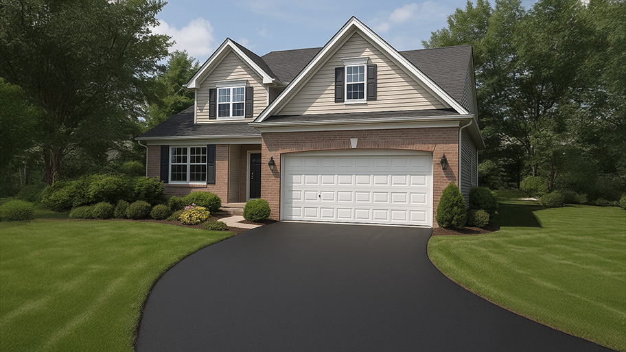Two-story brick and siding home with a freshly sealed black asphalt driveway and manicured lawn under a blue sky.