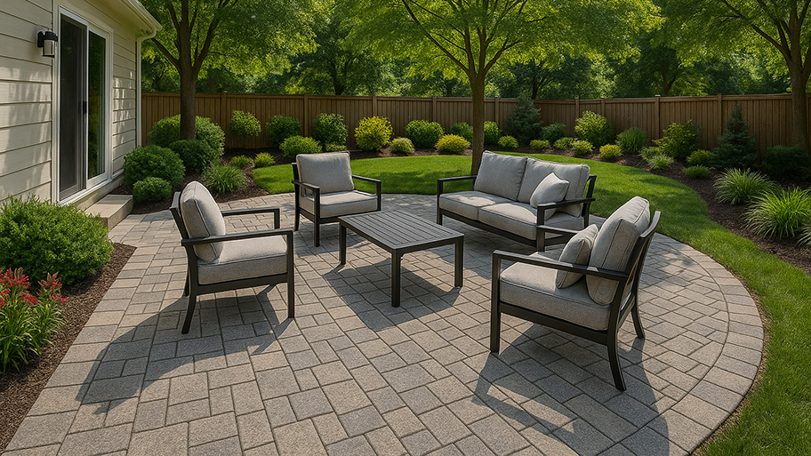 Paver patio with cushioned chairs and a coffee table arranged in a circular layout against a fenced garden backdrop.