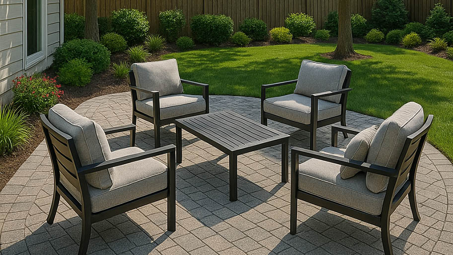 Modern backyard patio with circular paver design, stylish cushioned furniture, and lush landscaping for outdoor living and garden design inspiration.