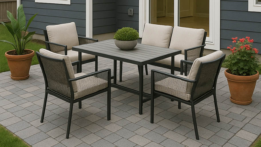 Modern backyard patio with gray paver stones, cushioned outdoor dining furniture, and stylish blue house siding.