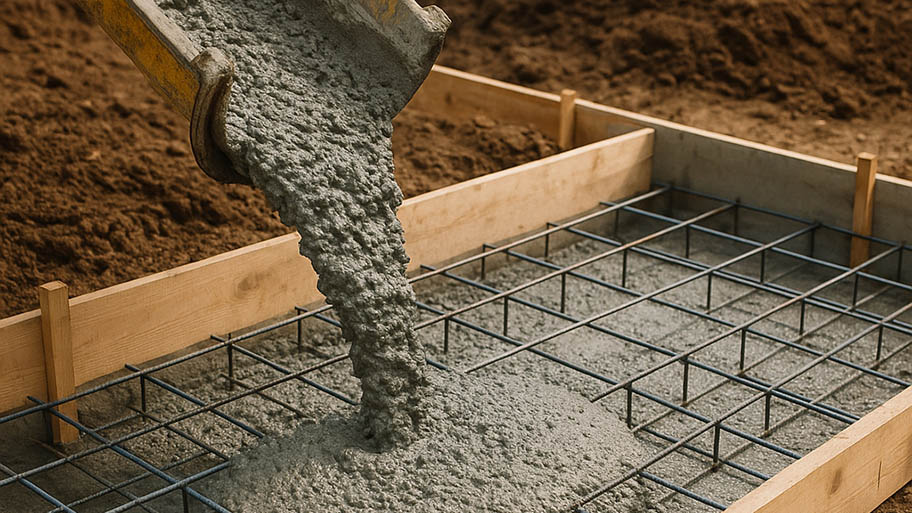 Concrete being poured over rebar into a wooden form for a foundation slab.