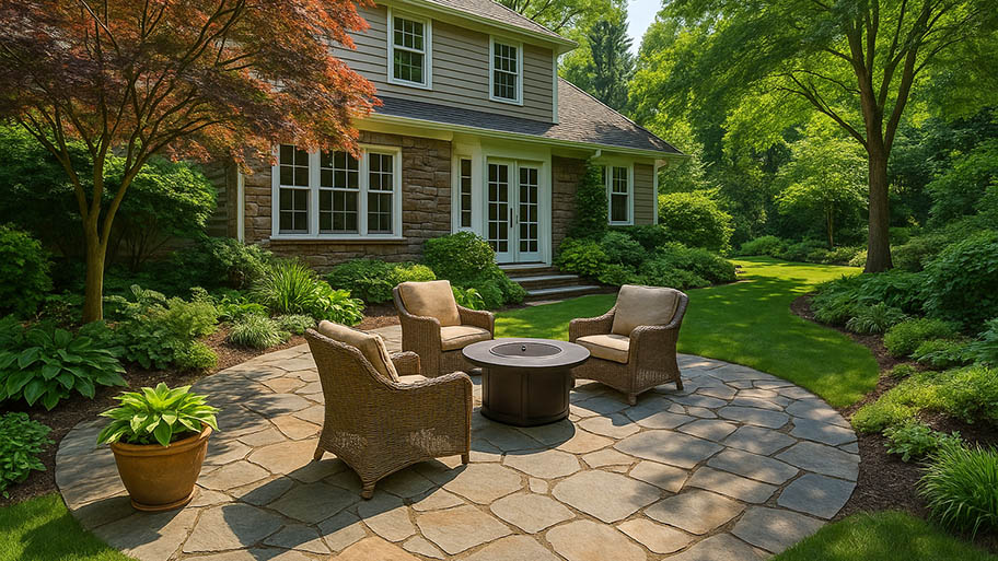 Beautiful backyard with circular flagstone paver patio, wicker chairs, fire pit, and lush garden landscaping.