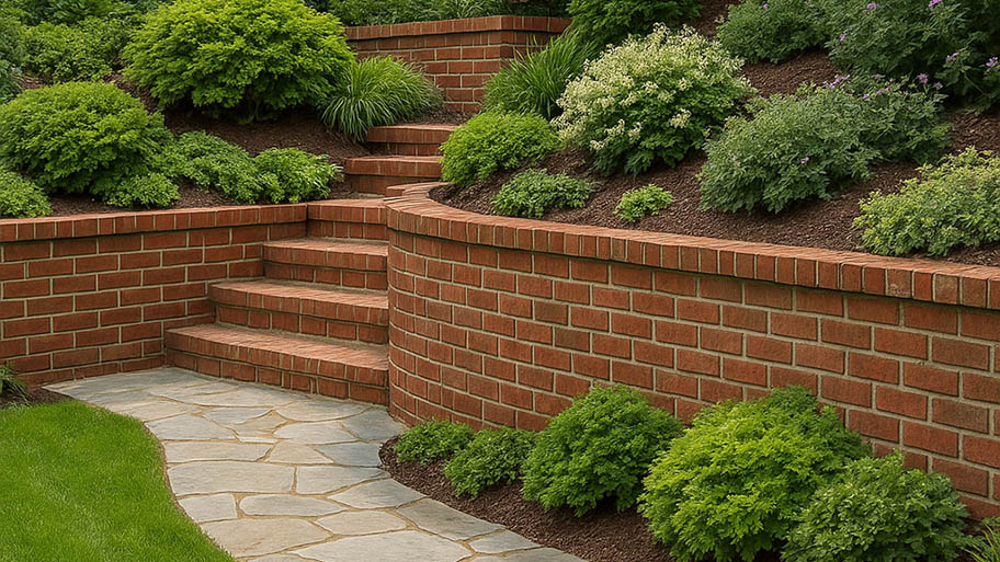 A curved red brick retaining wall with integrated stairs and a flagstone path in a landscaped garden.