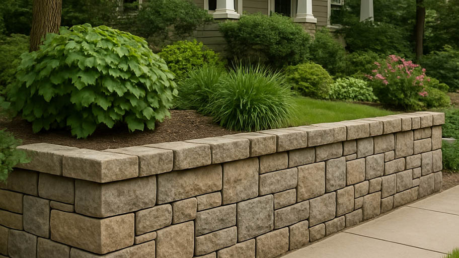 Charming front yard with stone retaining wall and lush landscaping.