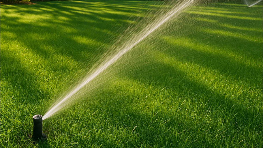 Automatic lawn sprinkler spraying water over vibrant green grass in the early morning.