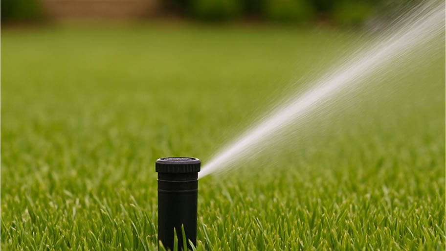 Close-up of a lawn sprinkler spraying water over lush green grass.