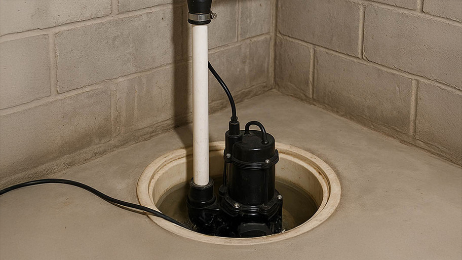 Basement sump pump system installed in concrete floor with PVC discharge pipe.