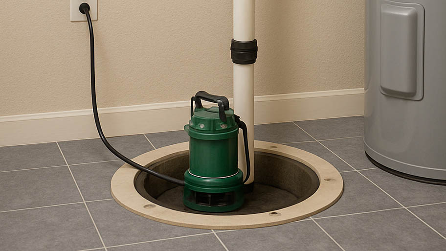 Green sump pump installed in a utility room with tiled floor and discharge pipe.