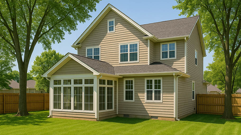 Two-story suburban home with tan siding, a bright sunroom addition, and well-maintained green lawn.