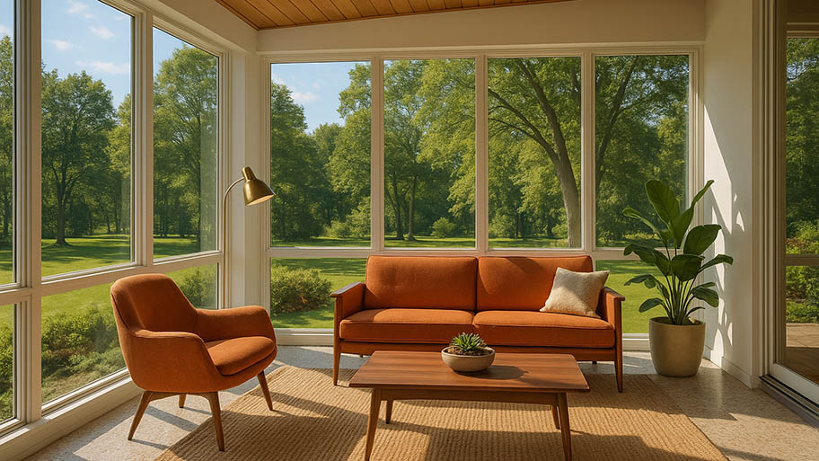 Bright sunroom with large windows, mid-century modern furniture, and natural decor.