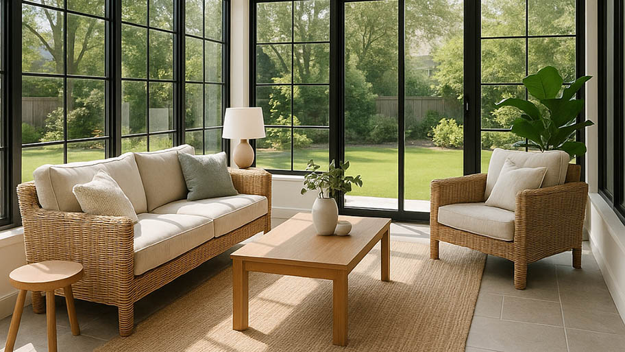 Bright sunroom with black-framed windows, wicker furniture, and neutral decor overlooking a green backyard.