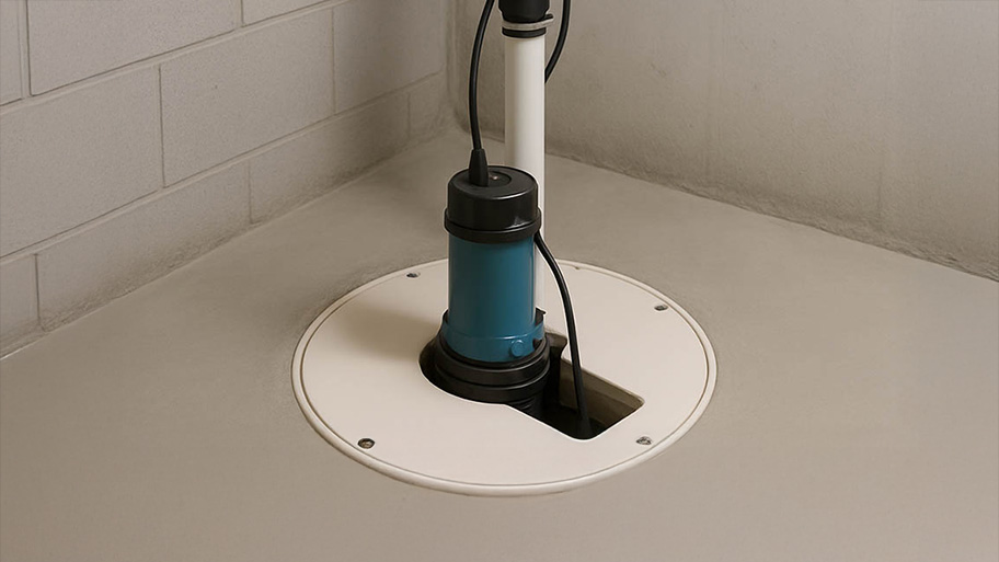 Modern basement sump pump system with sealed cover and PVC discharge pipe.