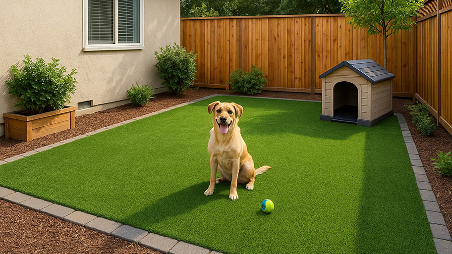 Pet-friendly backyard with synthetic grass, a happy dog, doghouse, and privacy fence.